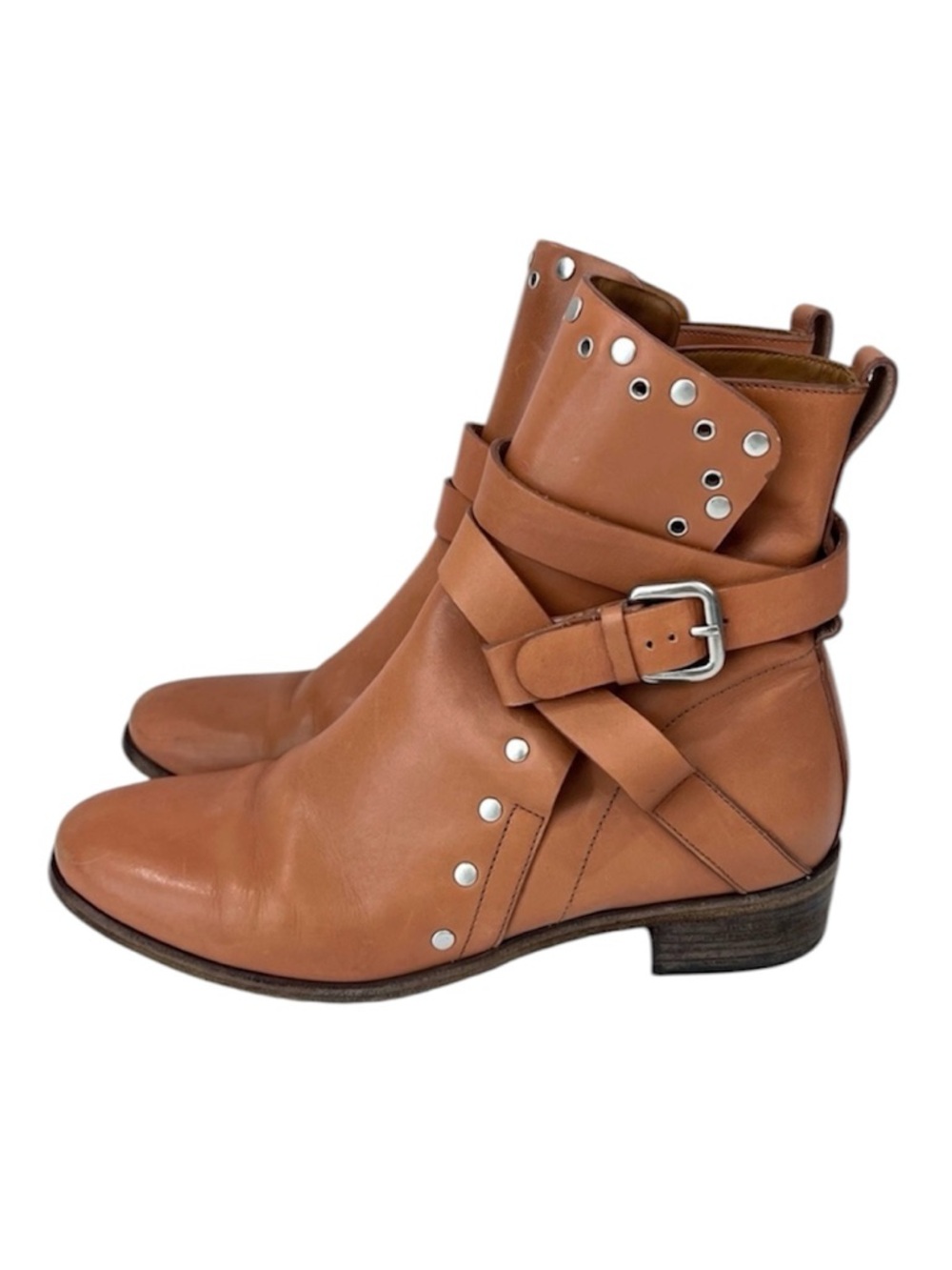 See By Chloe Tan Leather Janis Motorcycle Moto Studded Ankle Wrap Combat Boots